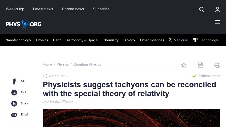 Screenshot of phys.org: Physicists: Tachyons can be reconciled with the special theory of relativity