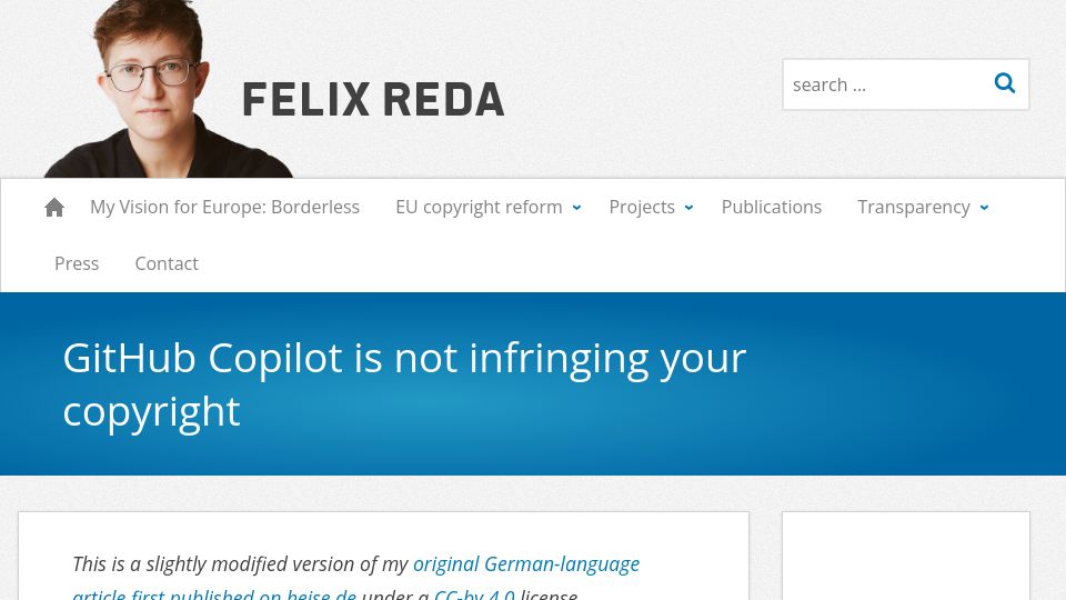 Screenshot of felixreda.eu: GitHub Copilot is not infringing your copyright