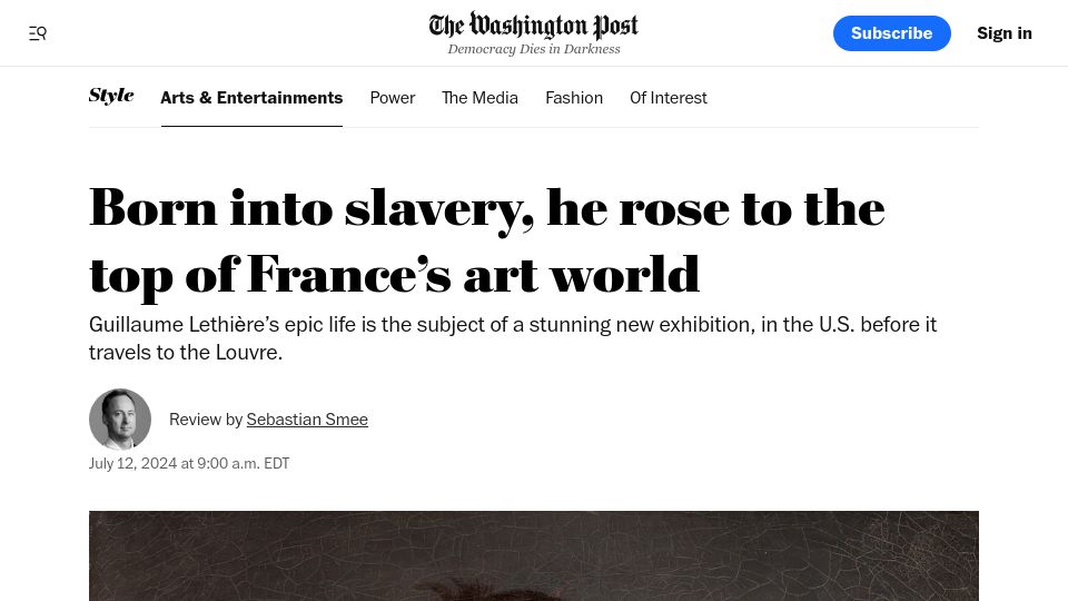 Screenshot of washingtonpost.com: Born into slavery, he rose to the top of France's art world