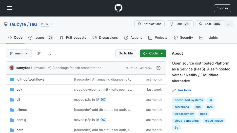 Screenshot of github.com: Tau: Open-source PaaS – A self-hosted Vercel / Netlify / Cloudflare alternative