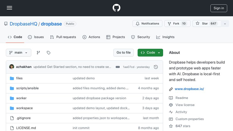 Screenshot of github.com: Show HN: Dropbase AI – A Prompt-Based Python Web App Builder