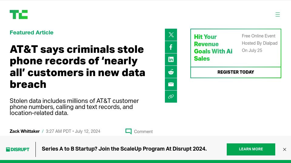 Screenshot of techcrunch.com: AT&T says criminals stole phone records of 'nearly all' customers in data breach