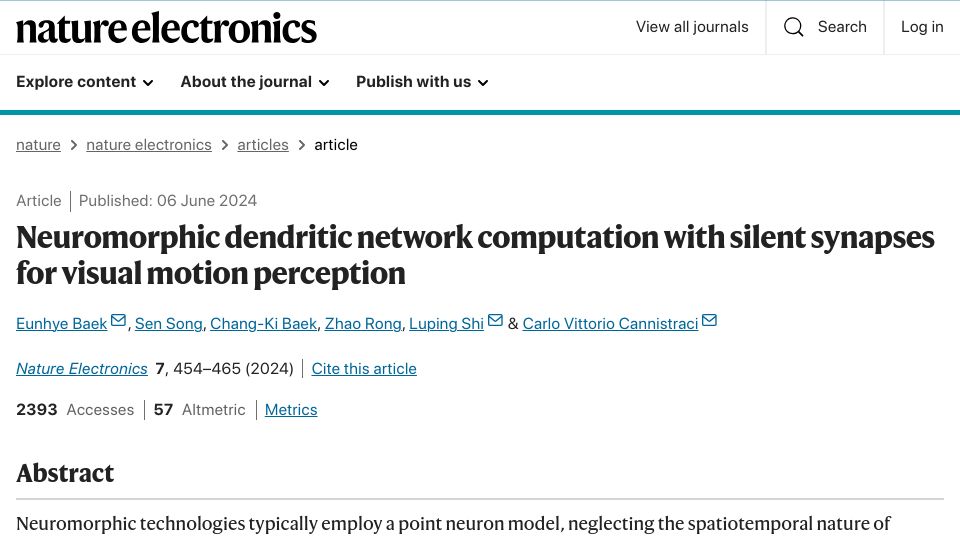Screenshot of nature.com: Neuromorphic dendritic network with silent synapses for visual motion perception