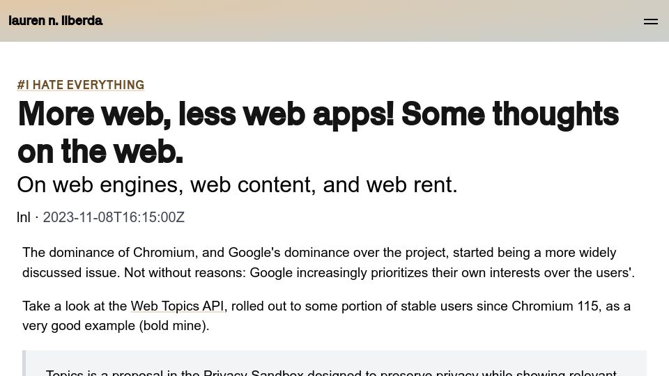 Screenshot of liberda.nl: Some thoughts on the web. On web engines, content, and web rent (2023)