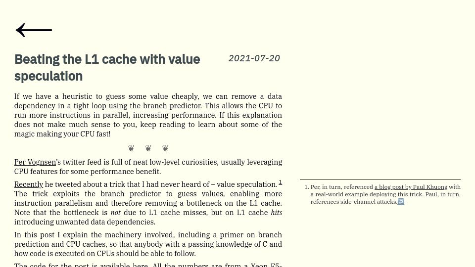 Screenshot of mazzo.li: Beating the L1 cache with value speculation (2021)