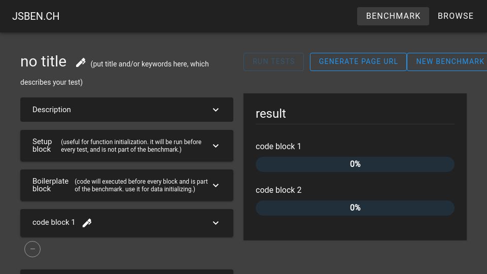 Screenshot of jsben.ch: JSBen.ch – Performance benchmarking playground for JavaScript