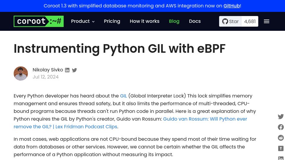 Screenshot of coroot.com: Instrumenting Python GIL with eBPF