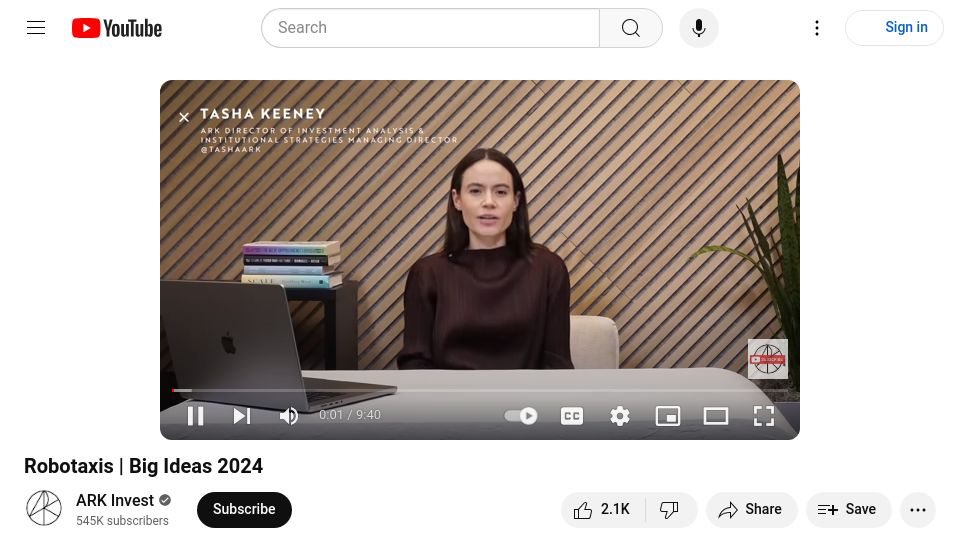 Screenshot of youtube.com: Ark Invest: Robotaxis 28 trillion by 2030 [video]