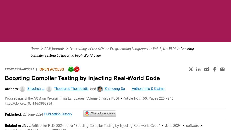 Screenshot of dl.acm.org: Boosting Compiler Testing by Injecting Real-World Code