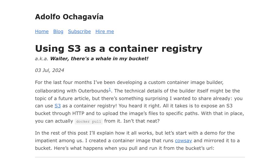 Screenshot of ochagavia.nl: Using S3 as a Container Registry