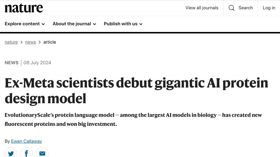 Screenshot of nature.com: Ex-Meta scientists debut gigantic AI protein design model