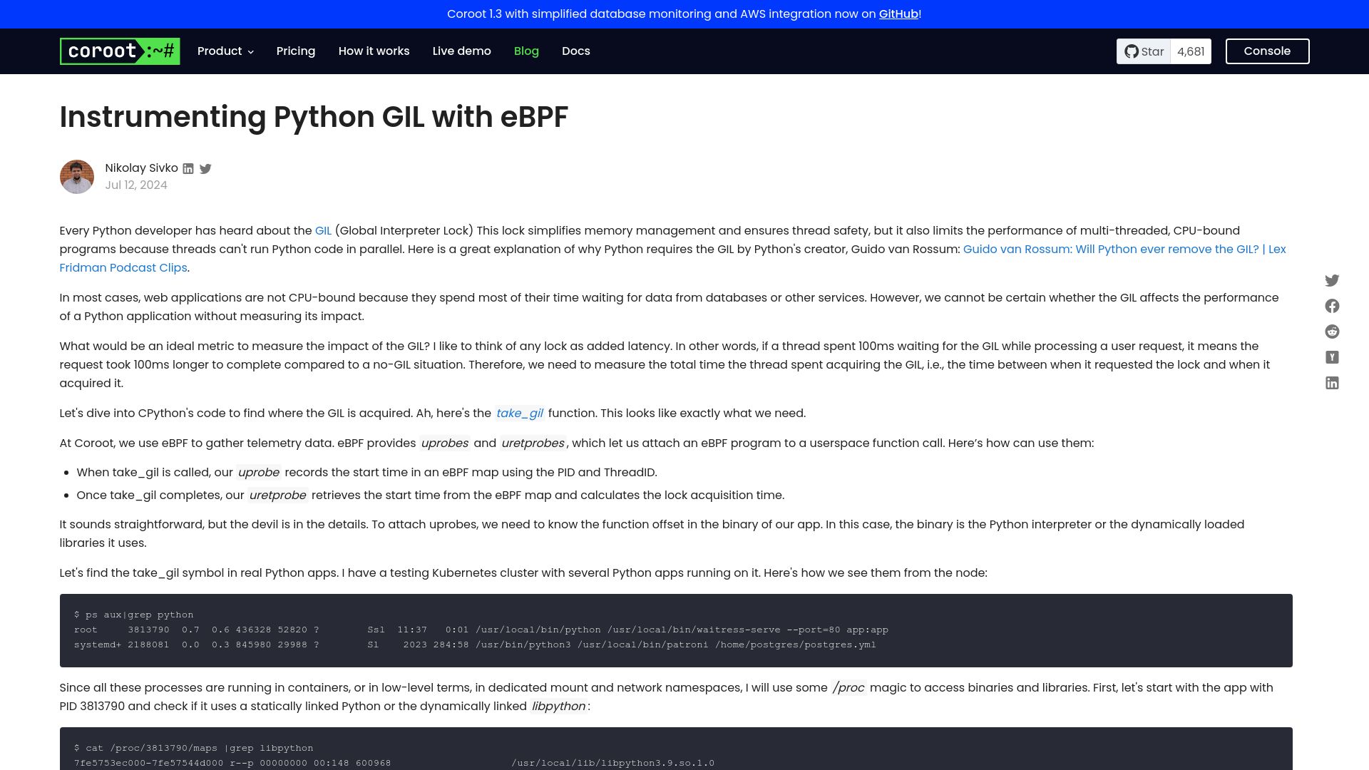 Screenshot of coroot.com: Instrumenting Python GIL with eBPF