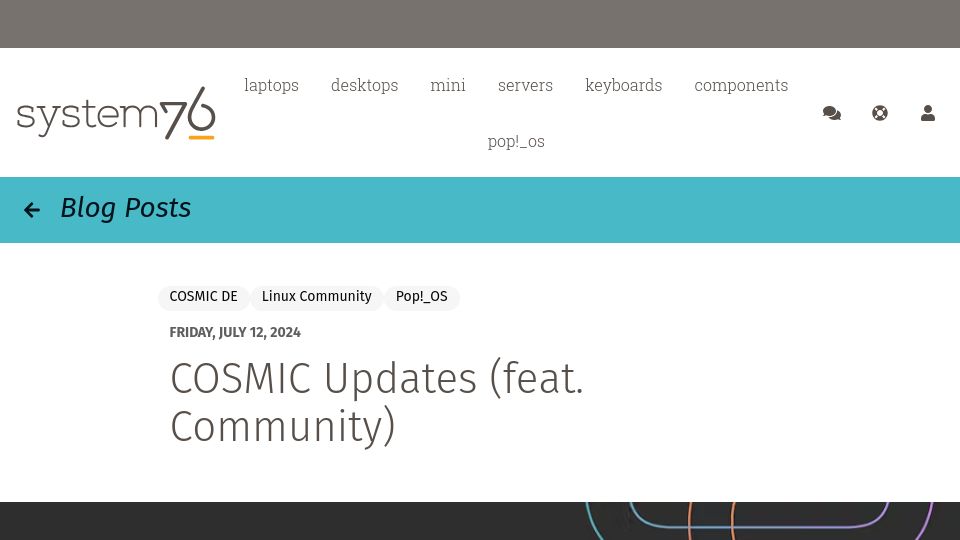 Screenshot of blog.system76.com: Cosmic Updates (Feat. Community)