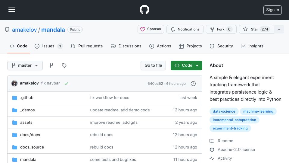 Screenshot of github.com: Show HN: Mandala – Automatically save, query and version Python computations
