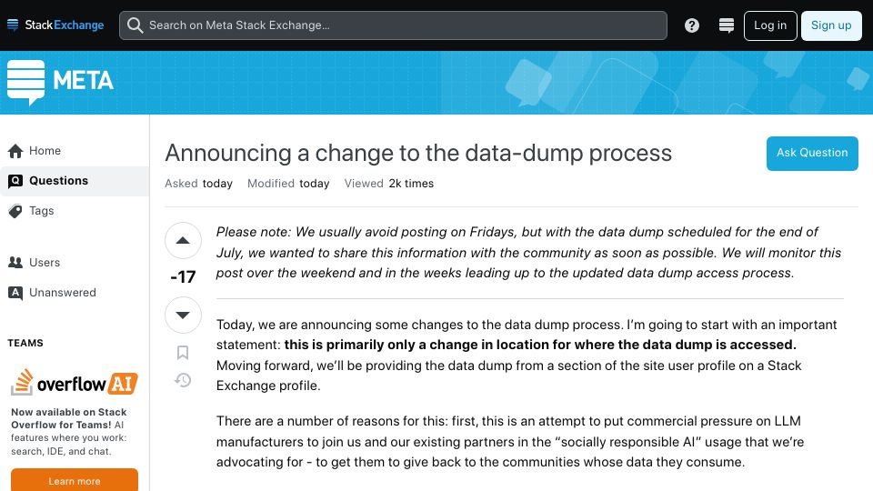Screenshot of meta.stackexchange.com: Stack Overflow has stopped publishing data dumps to the Internet Archive