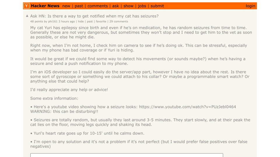 Screenshot of Hacker News post: Ask HN: Is there a way to get notified when my cat has seizures?