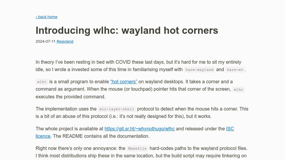 Screenshot of whynothugo.nl: Wlhc: Wayland Hot Corners