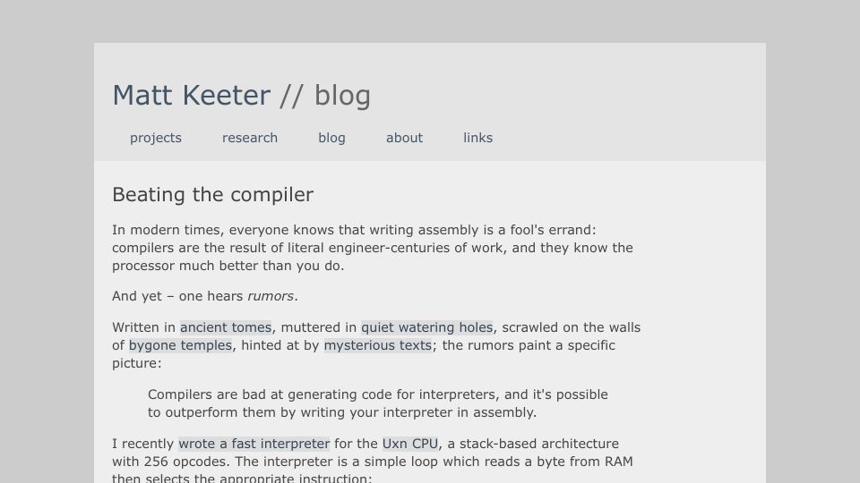 Screenshot of mattkeeter.com: Beating the Compiler