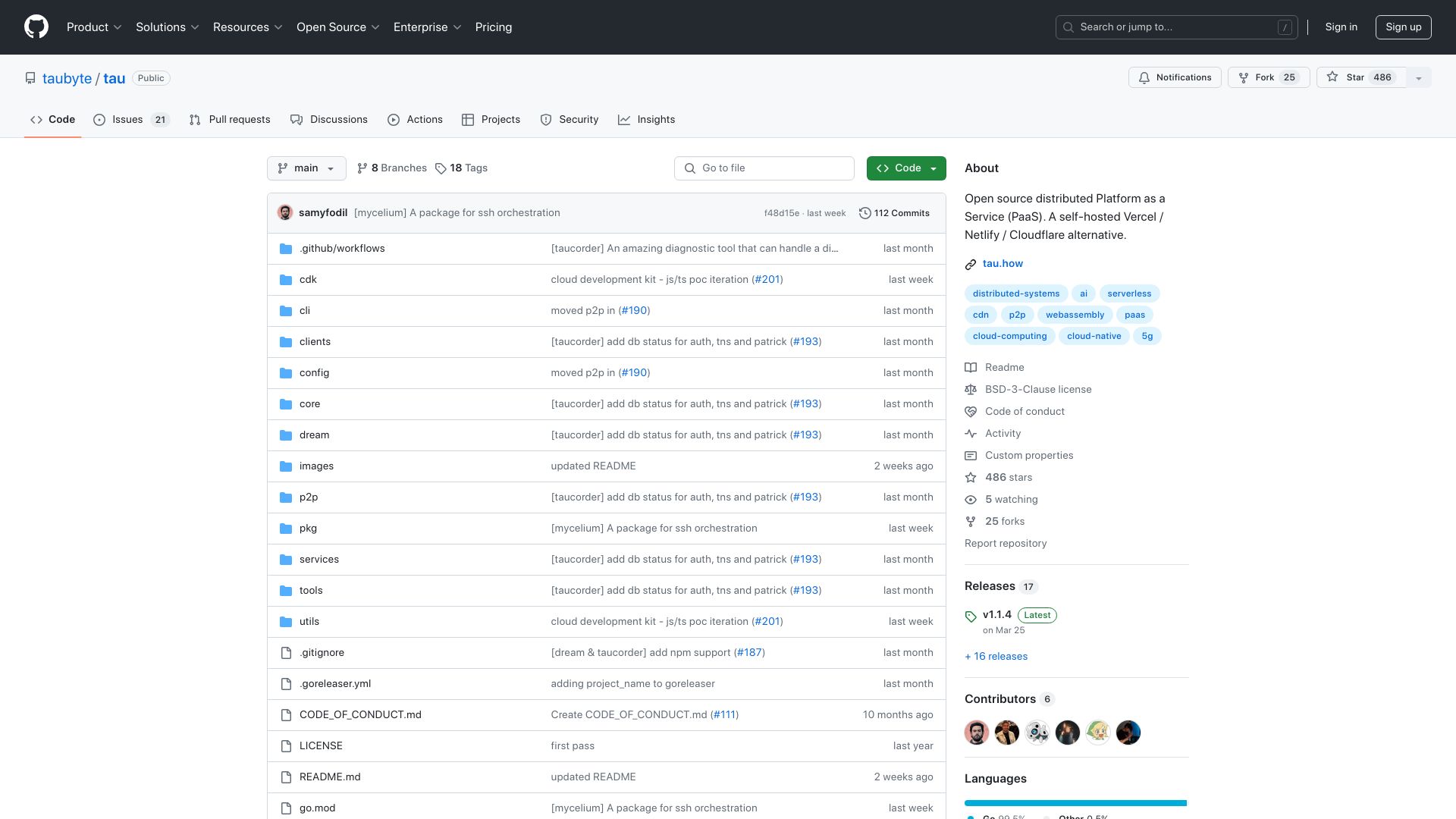 Screenshot of github.com: Tau: Open-source PaaS – A self-hosted Vercel / Netlify / Cloudflare alternative