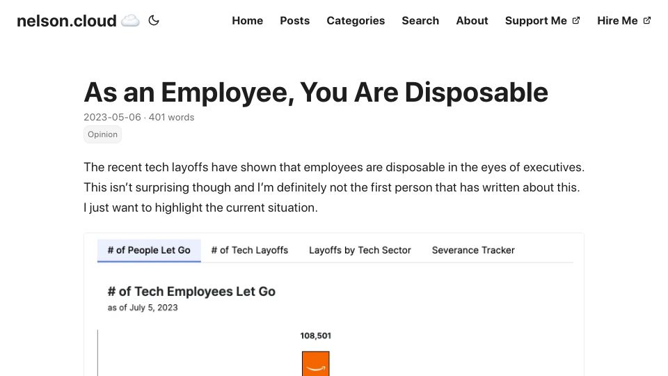 Screenshot of nelson.cloud: As an Employee, You Are Disposable (2023)