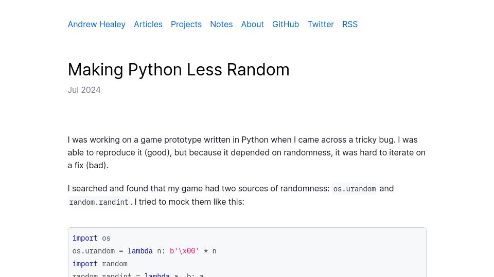 Screenshot of healeycodes.com: Making Python Less Random