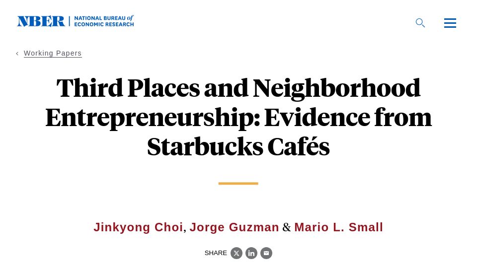 Screenshot of nber.org: Third Places and Neighborhood Entrepreneurship: Evidence from Starbucks Cafés