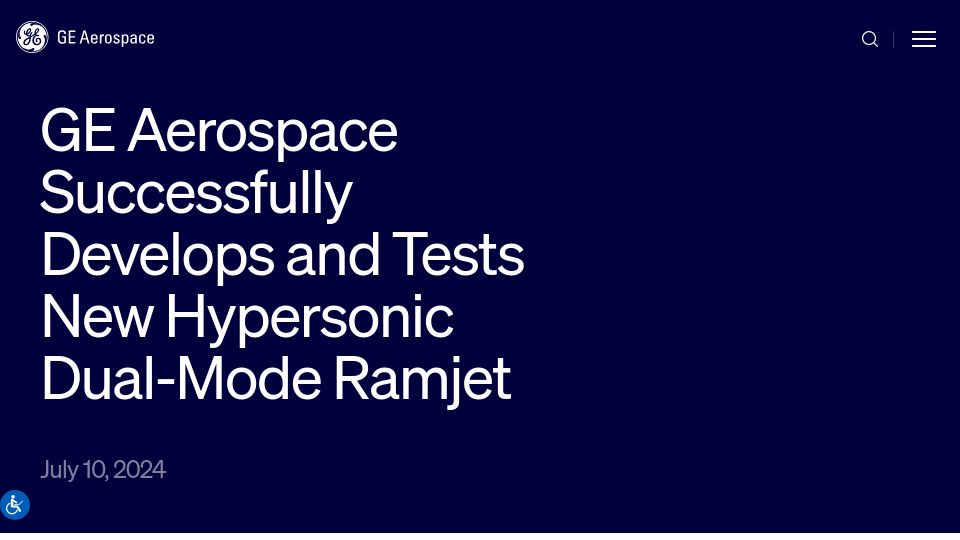 Screenshot of geaerospace.com: GE Aerospace Successfully Develops and Tests New Hypersonic Dual-Mode Ramjet