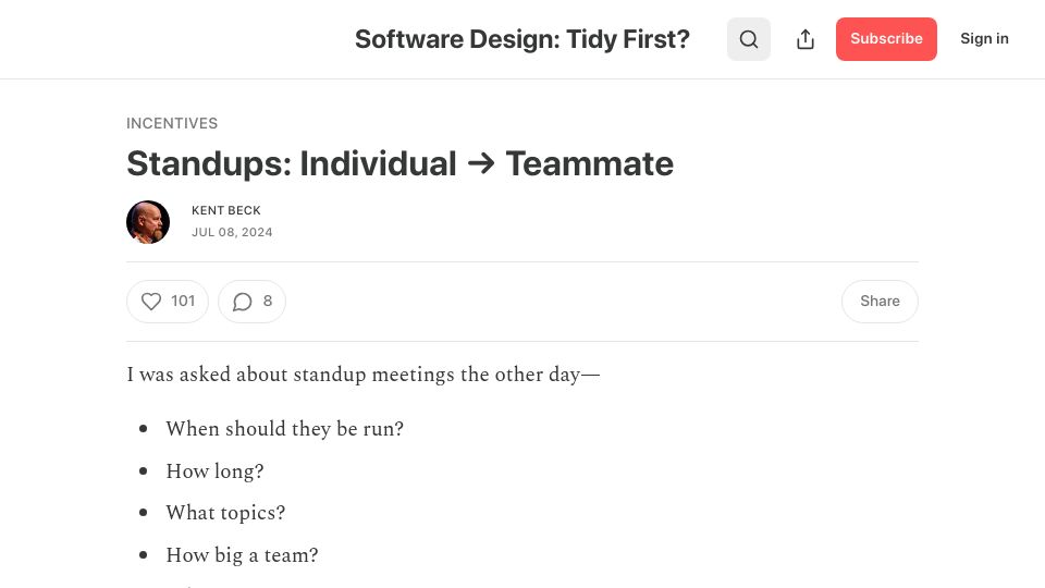 Screenshot of tidyfirst.substack.com: Standups: Individual → Teammate