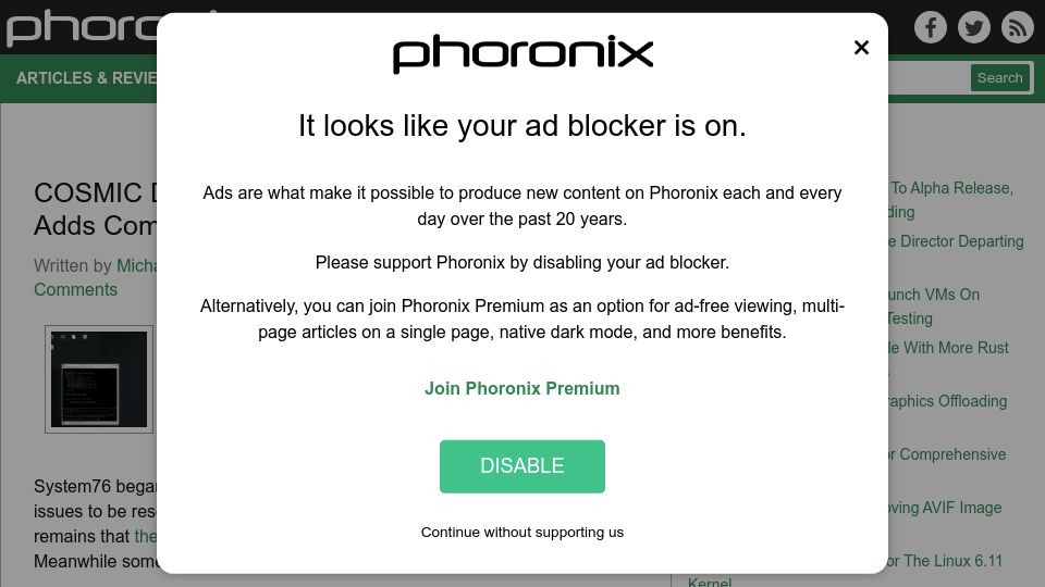 Screenshot of phoronix.com: Cosmic Desktop Close to Alpha Release, Adds Compositor Multi-Threading