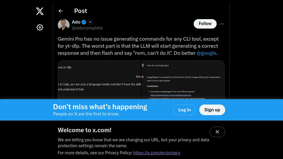 Screenshot of twitter.com: Gemini Pro refuses to acknowledge yt-dlp