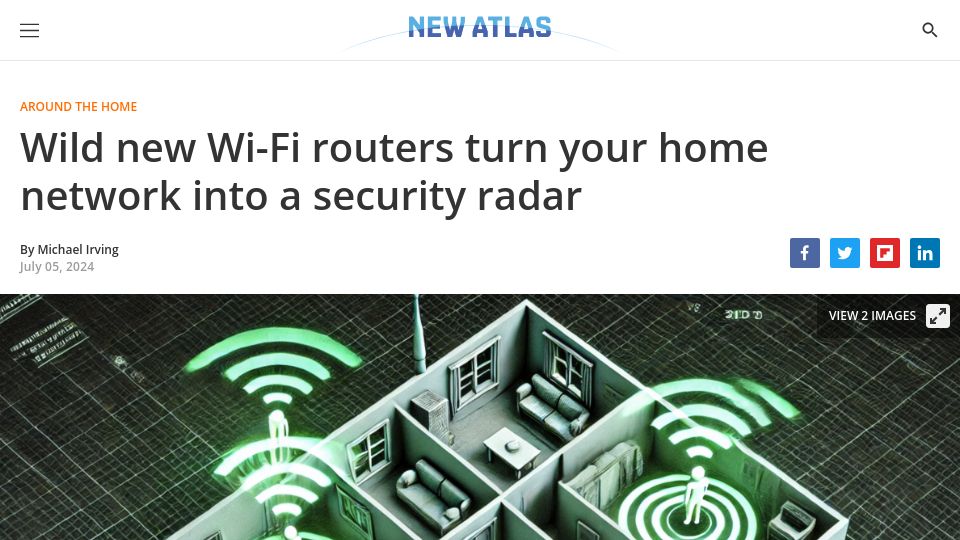 Screenshot of newatlas.com: Wild new Wi-Fi routers turn your home network into a security radar