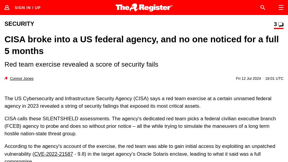 Screenshot of theregister.com: CISA broke into a US federal agency, and no one noticed for a full 5 months