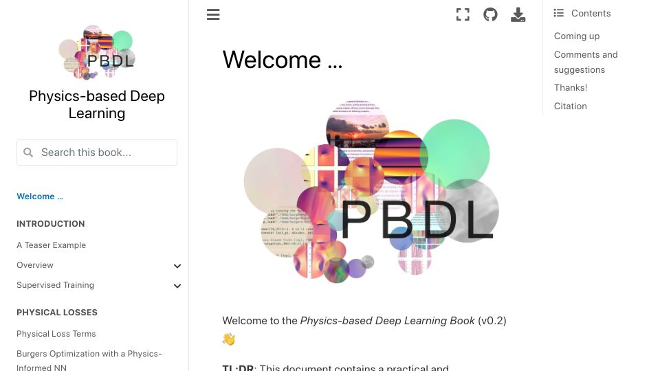 Screenshot of physicsbaseddeeplearning.org: Physics-Based Deep Learning Book