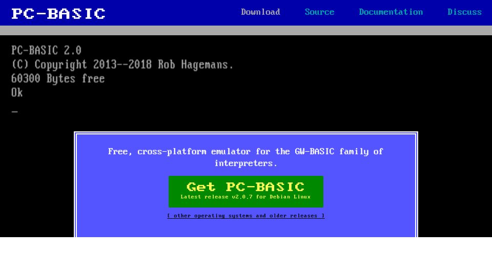 Screenshot of robhagemans.github.io: PC-BASIC, a cross-platform interpreter for GW-BASIC