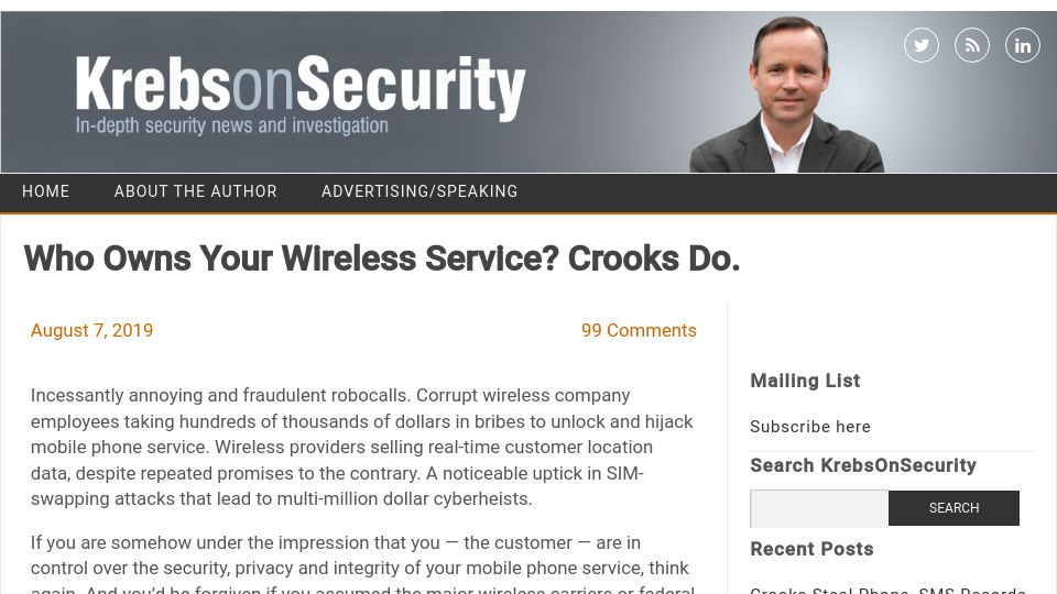Screenshot of krebsonsecurity.com: Who Owns Your Wireless Service? Crooks Do. (2019)