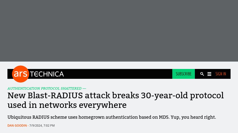 Screenshot of arstechnica.com: New Blast-RADIUS attack breaks 30-year-old protocol used in networks everywhere