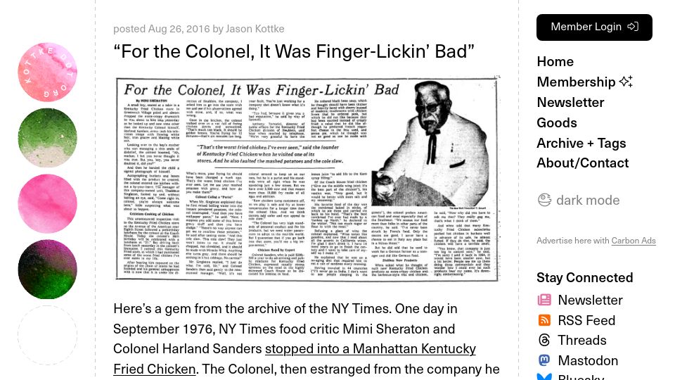 Screenshot of kottke.org: For the Colonel, It Was Finger-Lickin’ Bad (1976)