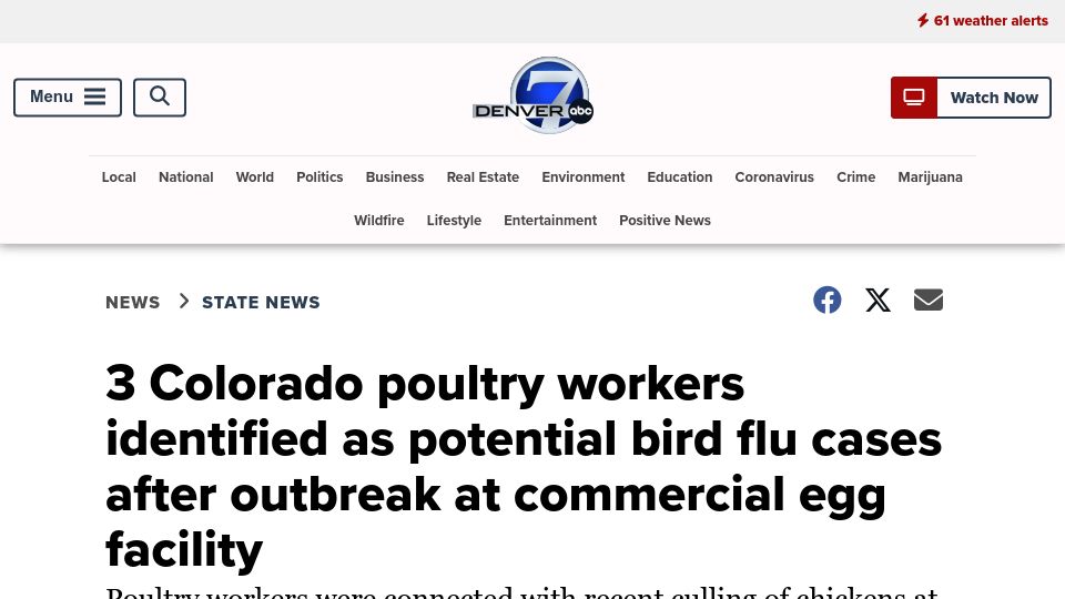 Screenshot of denver7.com: CO poultry workers test positive for bird flu after outbreak at egg facility