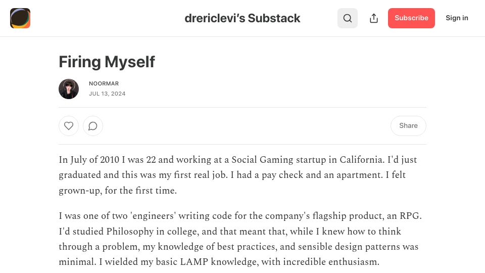 Screenshot of backintyme.substack.com: Firing Myself