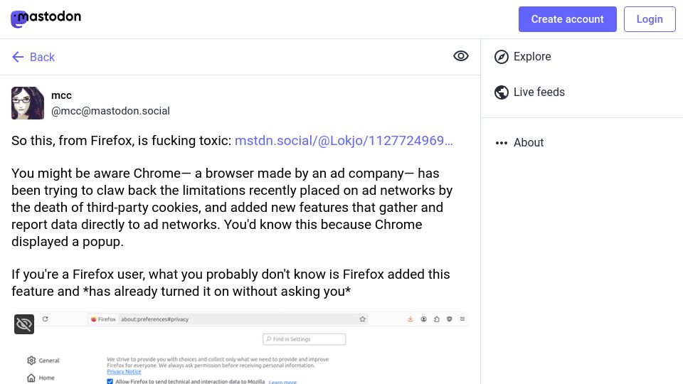 Screenshot of mastodon.social: "Firefox added [ad tracking] and has already turned it on without asking you"
