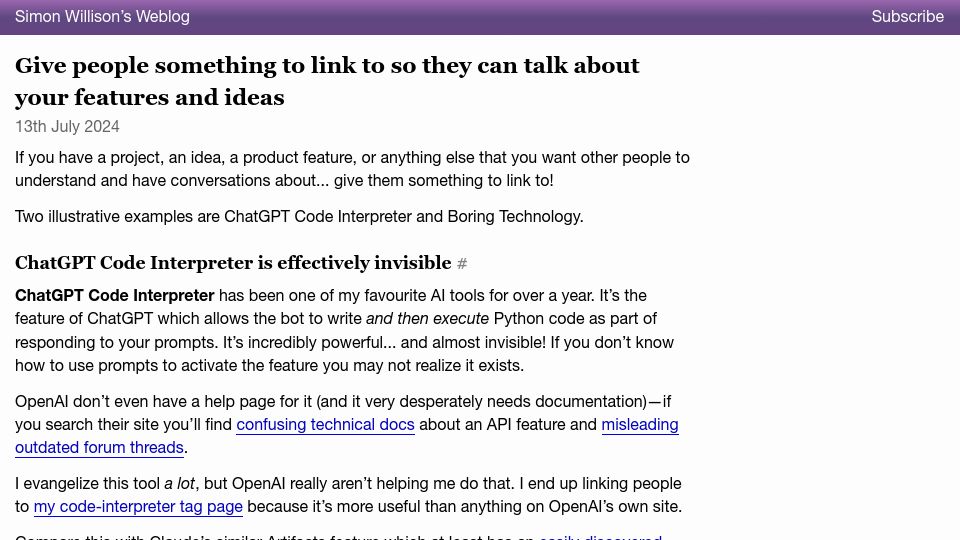 Screenshot of simonwillison.net: Give people something to link to