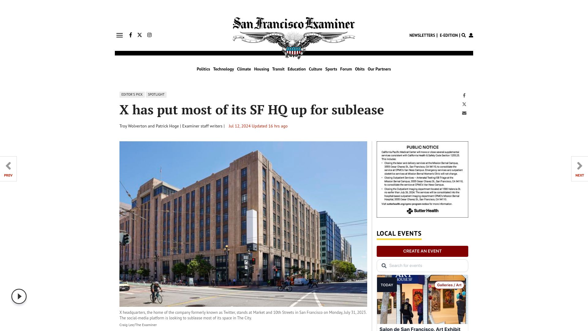 Screenshot of sfexaminer.com: X has put most of its SF HQ up for sublease