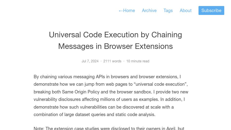 Screenshot of spaceraccoon.dev: Universal Code Execution by Chaining Messages in Browser Extensions