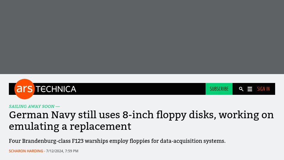 Screenshot of arstechnica.com: German Navy still uses 8-inch floppy disks, working on emulating a replacement
