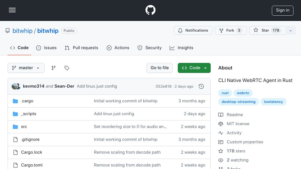 Screenshot of github.com: Show HN: 30ms latency screen sharing in Rust