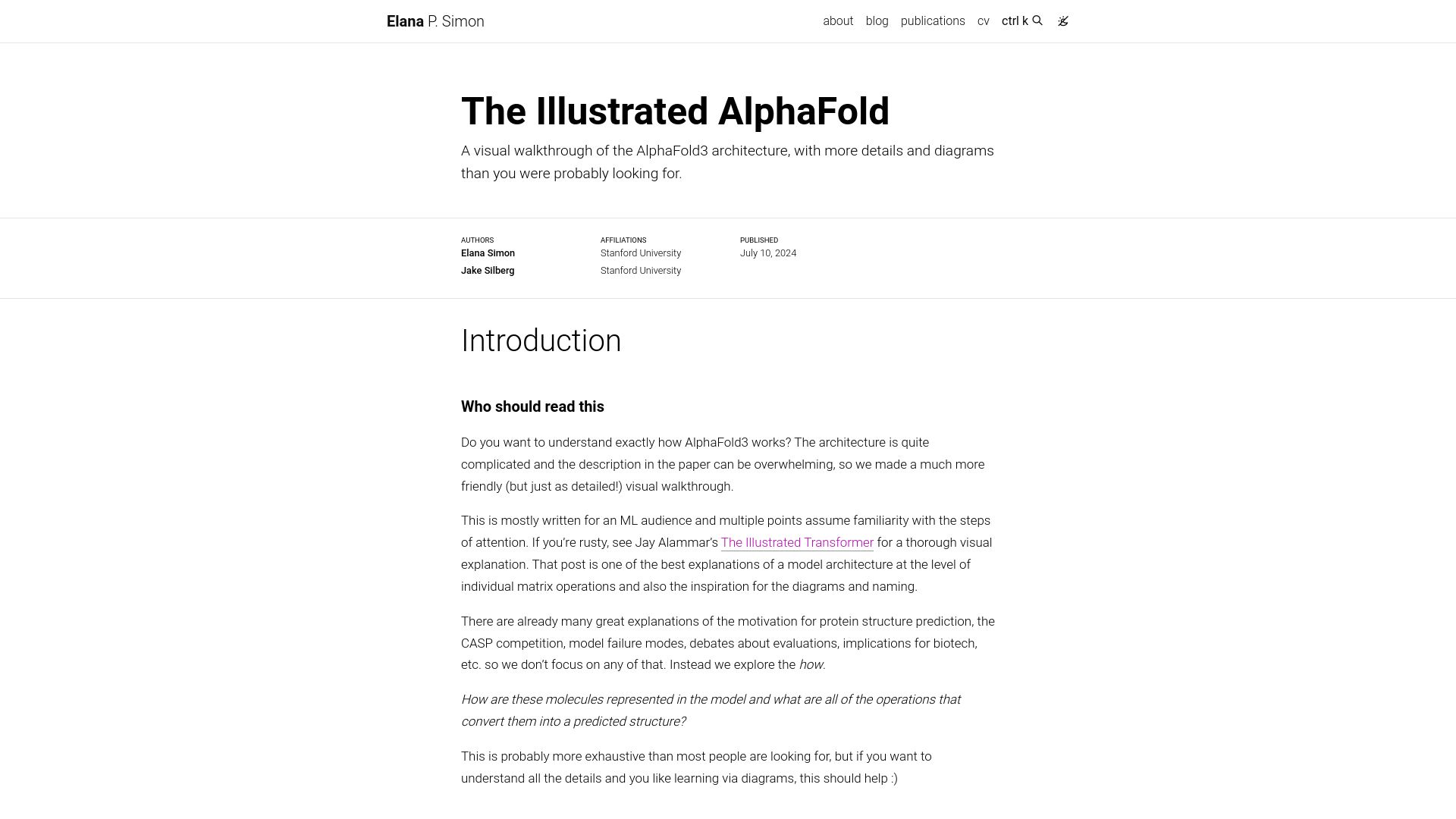 Screenshot of elanapearl.github.io: The Illustrated AlphaFold