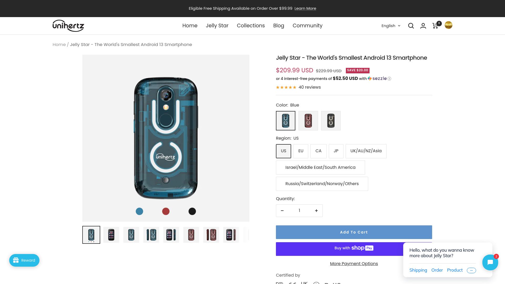 Screenshot of unihertz.com: Jelly Star – The Smallest Android 13 Smartphone