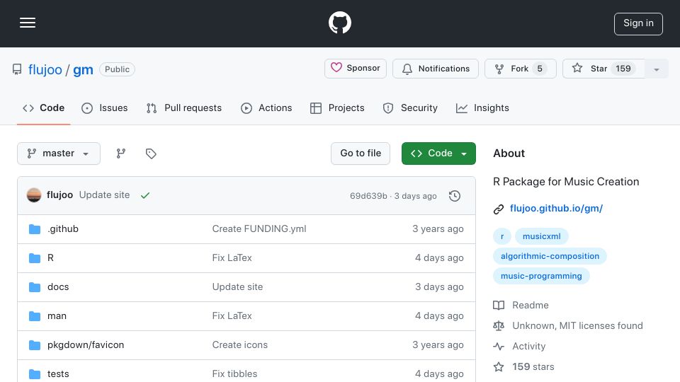 Screenshot of github.com: Show HN: Create Music with R