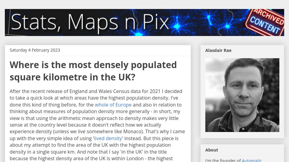 Screenshot of statsmapsnpix.com: Where is the most densely populated square kilometre in the UK? (2023)