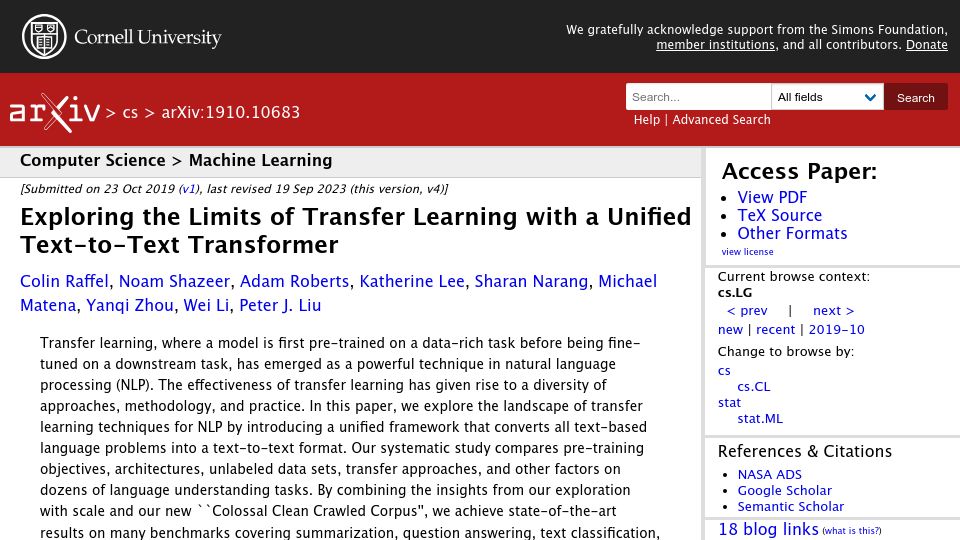 Screenshot of arxiv.org: Exploring the Limits of Transfer Learning with a Unified Transformer (2019)